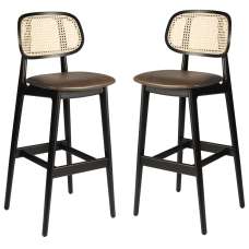Romney Black Rattan Bar Stools With Brown Leather Seat In Pair - UK