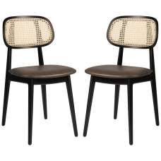 Romney Black Rattan Side Chairs With Brown Leather Seat In Pair - UK