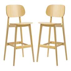 Romney Natural Oak Wooden Bar Stools In Pair - UK