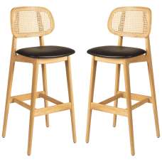 Romney Natural Rattan Bar Stools With Black Leather Seat In Pair - UK