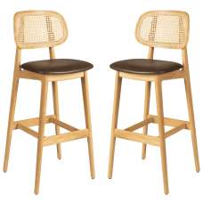 Romney Natural Rattan Bar Stools With Brown Leather Seat In Pair - UK