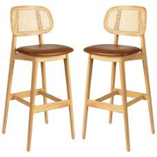 Romney Natural Rattan Bar Stools With Tan Leather Seat In Pair - UK
