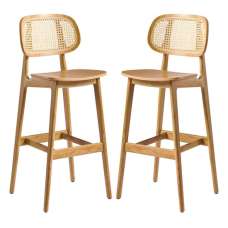 Romney Natural Rattan Natural Oak Wooden Bar Stools In Pair - UK