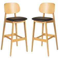 Romney Natural Wooden Bar Stools With Black Leather Seat In Pair - UK