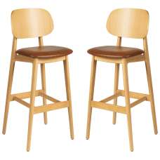 Romney Natural Wooden Bar Stools With Tan Leather Seat In Pair - UK