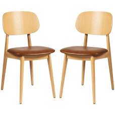 Romney Natural Wooden Side Chairs With Tan Leather Seat In Pair - UK