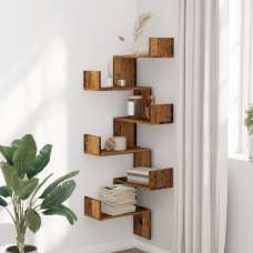 Ruston Wooden Corner Wall Shelf With 6 Shelves In Brown Oak - UK