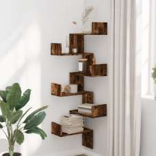 Ruston Wooden Corner Wall Shelf With 6 Shelves In Smoked Oak - UK