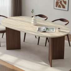 Sablio Oval Wooden Dining Table in Travertine Marble Effect and Walnut - UK