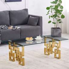 Sadzi Clear Glass Coffee Table With Gold Stainless Steel Legs - UK