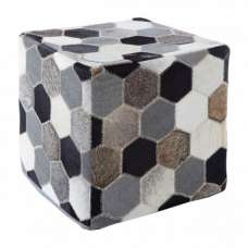 Safire Leather Patchwork Pouffe In Black And Grey - UK
