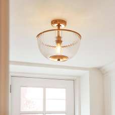 Salem Ribbed Glass Downlighter Flush Ceiling Light In Vintage Brass - UK