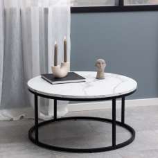 Salem Wooden Coffee Table Round In White Marble Effect - UK