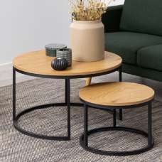 Salem Wooden Nesting Coffee Tables With Black Metal Frame In Oak - UK