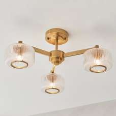 Salinas 3 Light Ribbed Glass Semi Flush Light In Brushed Aged Brass - UK
