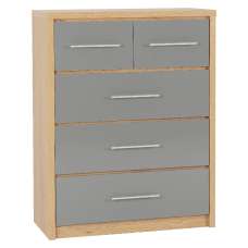 Samaira Wooden Chest Of 5 Drawers With Grey Gloss Front In Oak - UK
