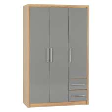 Samaira Wooden Wardrobe With 3 Door And Grey Gloss Front In Oak - UK