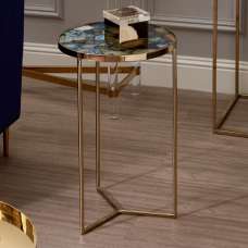 Sauna Round Agate Side Table With Gold Steel Frame In Blue - UK