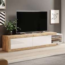 Sanur High Gloss TV Stand With 2 Doors In White And Sandal Oak - UK