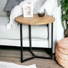 Saskatoon Wooden Round End Table With Black Metal Frame In Oak - UK
