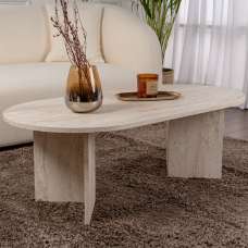Savelio Oval Wooden Coffee Table in Travertine Marble Effect - UK