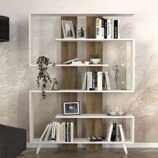Savero Wooden Bookcase with 5 Shelves in White and Walnut - UK