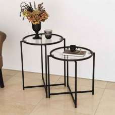 Saziro Metal Nesting Side Table with Clear Glass Top in Black - UK