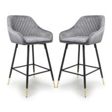 Sedona Grey Velvet Bar Stools With Metal Legs In Pair - UK