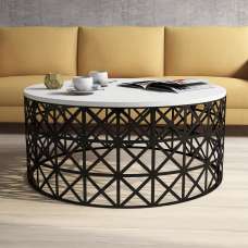 Selin Round White Wooden Coffee Table with Black Metal Base - UK