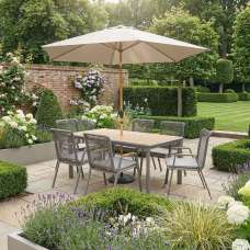 Selma Aluminium Garden 6 Seater Dining Set with Parasol in Grey and Oak - UK