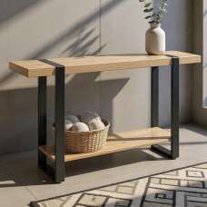 Senatobia Wooden Console Table With Black Frame In Natural - UK