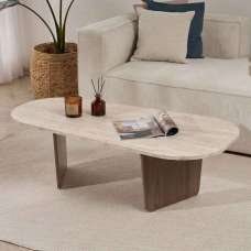 Sento Oval Wooden Coffee Table in Travertine Marble Effect and Walnut - UK