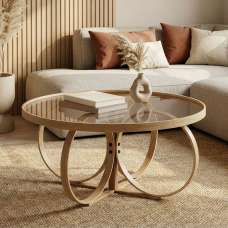Shimane Round Tempered Glass Top Coffee Table in Oak - UK