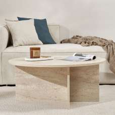 Soleva Round Wooden Coffee Table in Travertine Marble Effect - UK