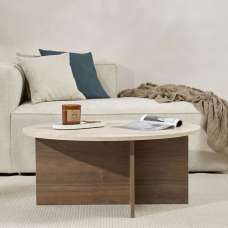 Soleva Round Wooden Coffee Table in Travertine Marble Effect and Walnut - UK