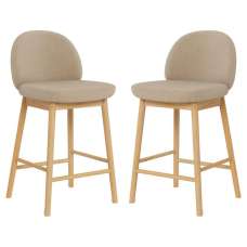Spokane Fabric Bar Stools With Oak Legs in Pair - Beige - UK