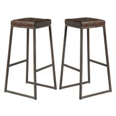 Steeple Raw Metal Frame Brown Faux Leather Bar Stools In Pair - UK