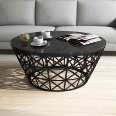 Stil Round Black Marble Effect Coffee Table with Metal Base - UK