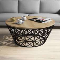 Stil Round Oak Wooden Coffee Table with Black Metal Base - UK