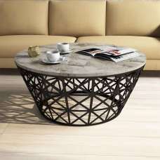 Stil Round White Marble Effect Coffee Table with Black Metal Base - UK