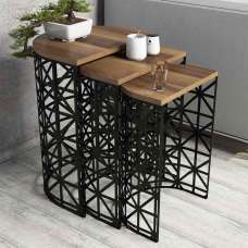 Stil Walnut Wooden Nesting Side Tables with Black Metal Base - UK