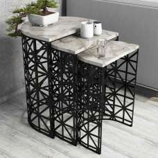 Stil White Marble Effect Nesting Side Tables with Black Metal Base - UK