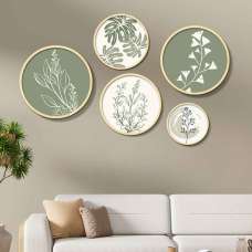 Stillform Wooden Rounds Verdant Botanical Art of Frame Set of 5 in Multicolour - UK