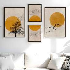 Stillform Wooden Sun and Bird Art of Frame Set of 4 in Multicolour - UK