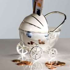 Stroller Money Box Lockable In Chrome With Cream And Silver - UK