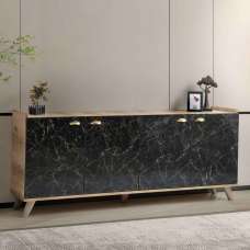 Sumer Wooden Sideboard with 4 Doors in Oak and Black Marble Effect - UK