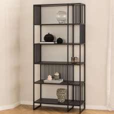 Surf Tall Wooden Bookcase With Metal Frame In Matt Black Izmir - UK
