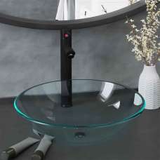Tacoma Round Countertop Basin 420mm Wide With Black Tap And Waste - Clear Glass - UK