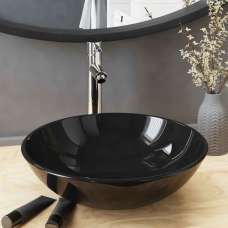 Tacoma Round Countertop Basin 420mm Wide With Chrome Tap And Waste - Black Glass - UK