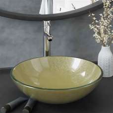 Tacoma Round Countertop Basin 420mm Wide With Chrome Tap And Waste - Gold Glass - UK